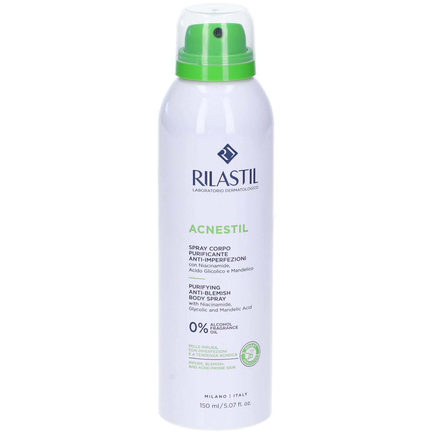 Rilastil Acnestil Spray Corpo. Flacone spray bianco con erogatore verde. Testo: Acnestil, 0% alcool, 150 ml.