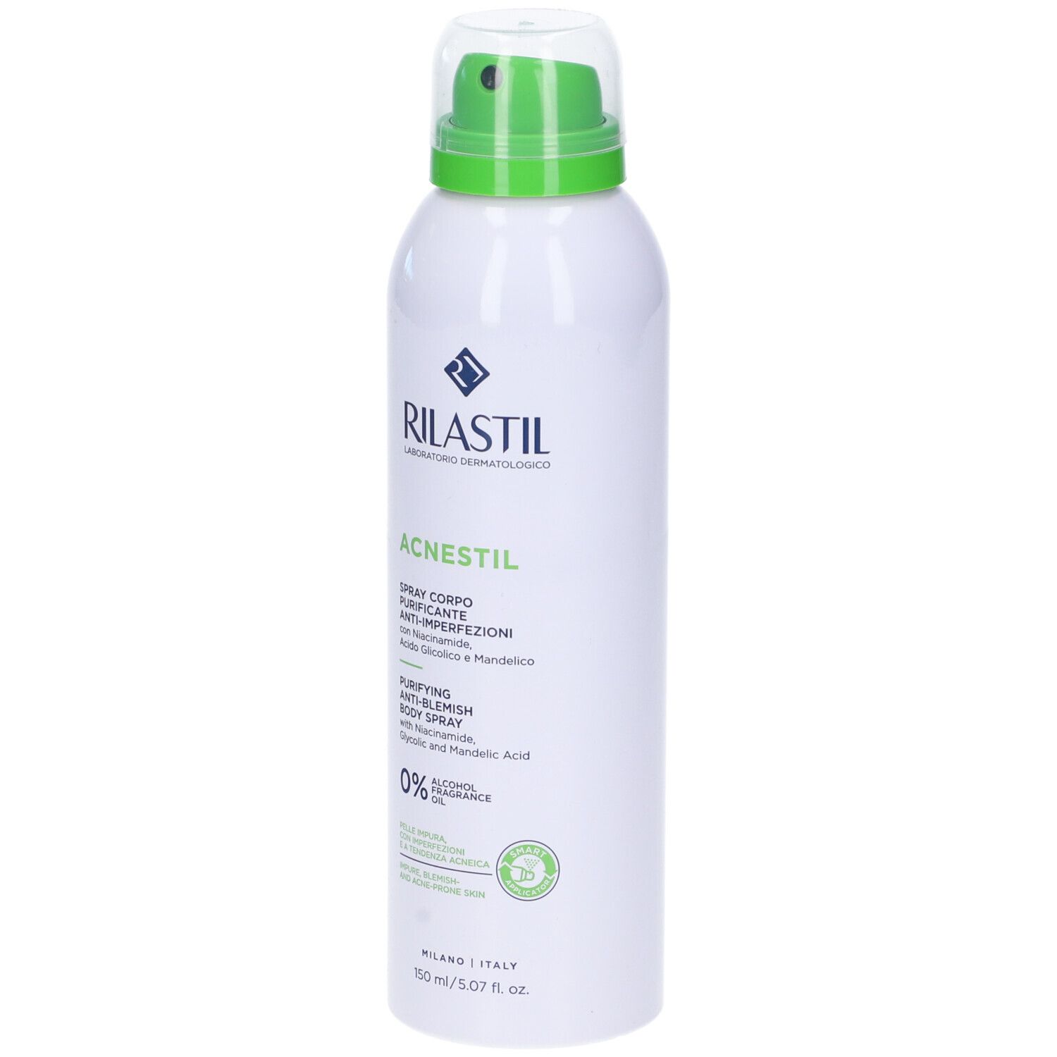 Rilastil Acnestil Spray Corpo. Flacone spray bianco con erogatore verde. Testo: Acnestil, 0% alcool, 150 ml.