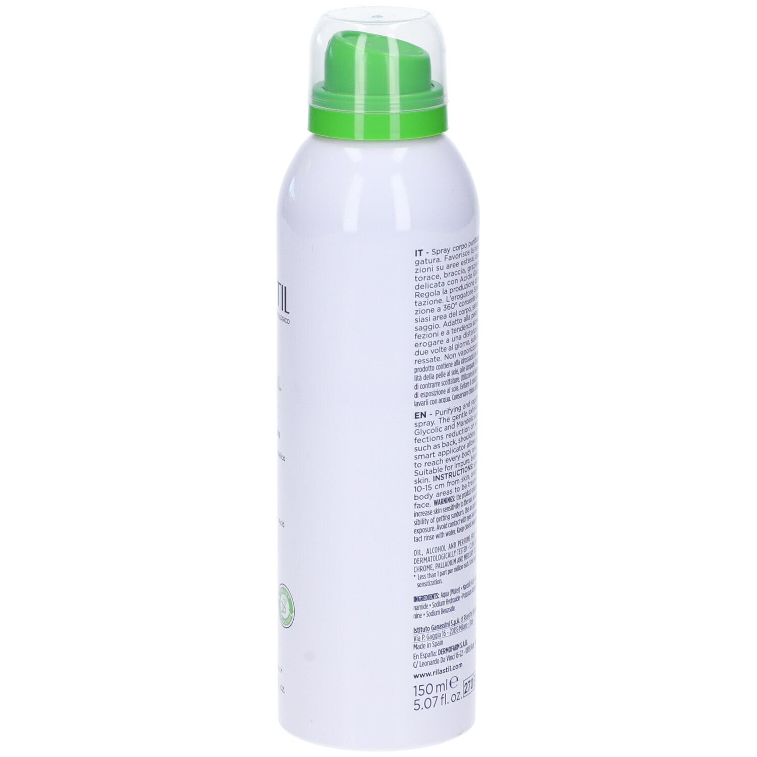 Rilastil Acnestil Spray Corpo. Flacone bianco con erogatore verde. Vista laterale con testo. 0% alcool.