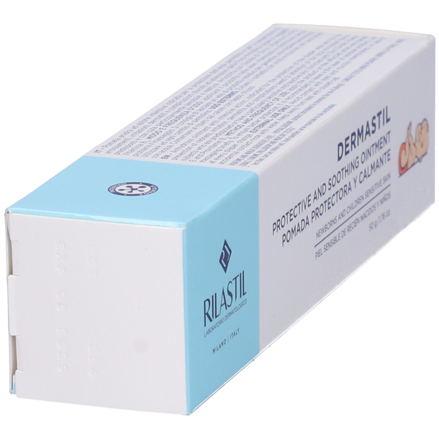 Scatola, vista obliqua dal basso. Nome e logo del prodotto visibili. Testo: Protective and soothing ointment. Per neonati.