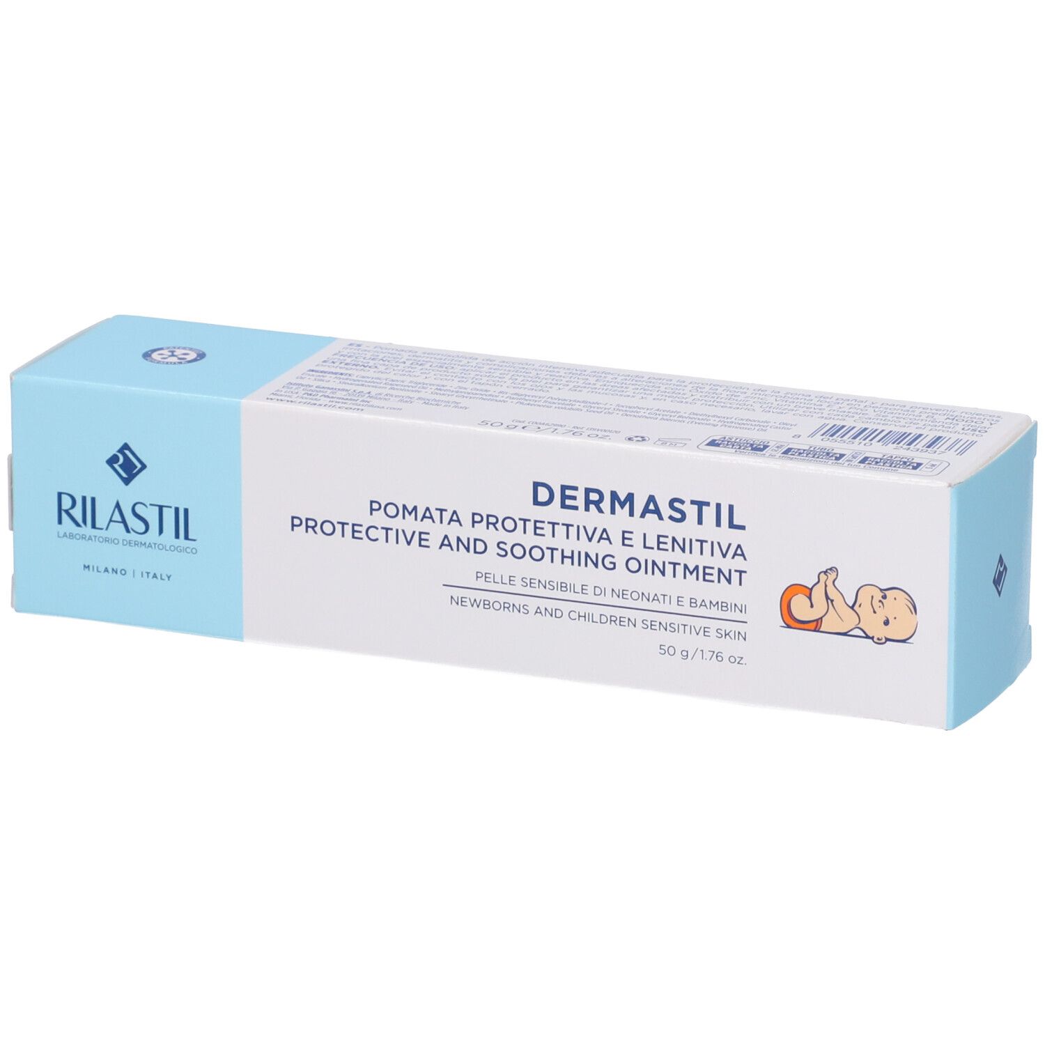 Scatola con nome e logo del prodotto. Testo: Protective and soothing ointment. Per neonati e bambini.