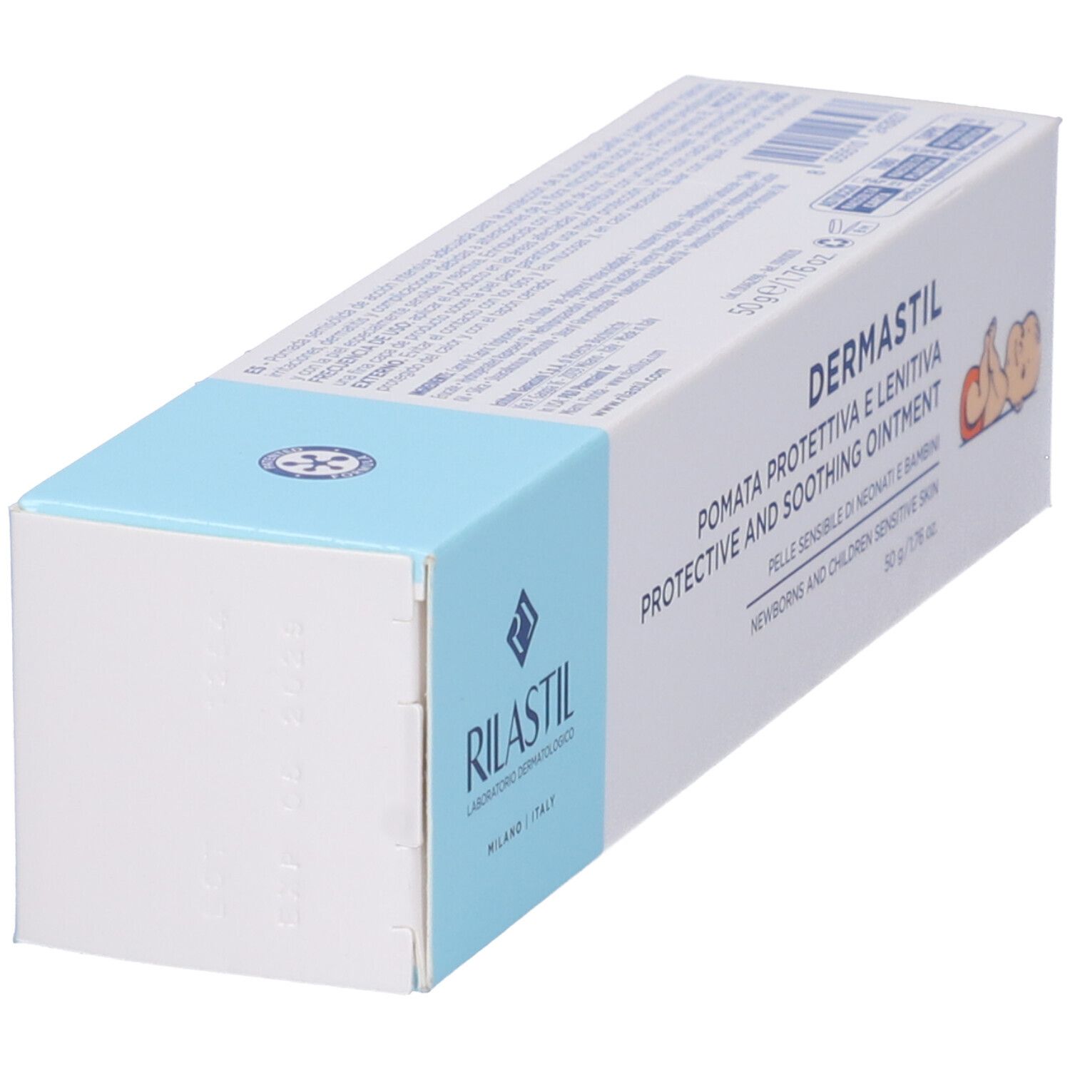 Scatola, vista obliqua dal basso. Nome e logo del prodotto visibili. Testo: Protective and soothing ointment. Per neonati.
