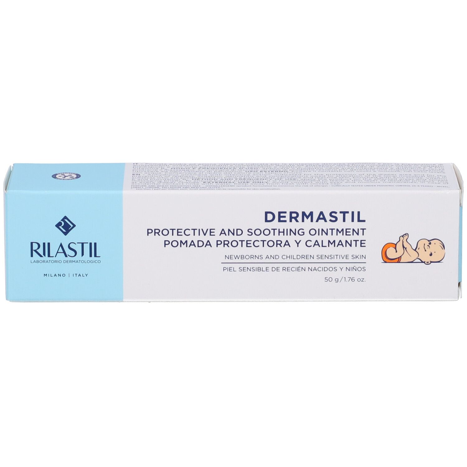 Scatola con nome e logo del prodotto. Testo: Protective and soothing ointment. Per neonati e bambini.