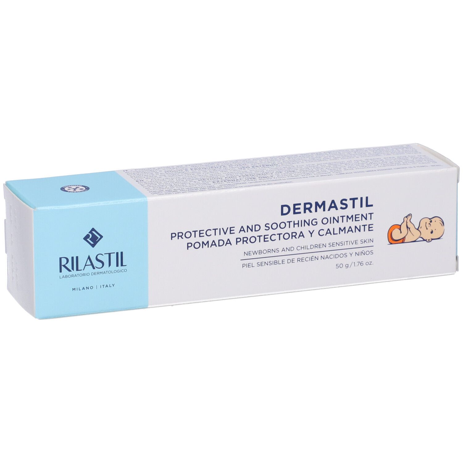 Scatola con nome e logo del prodotto. Testo: Protective and soothing ointment. Per neonati e bambini.