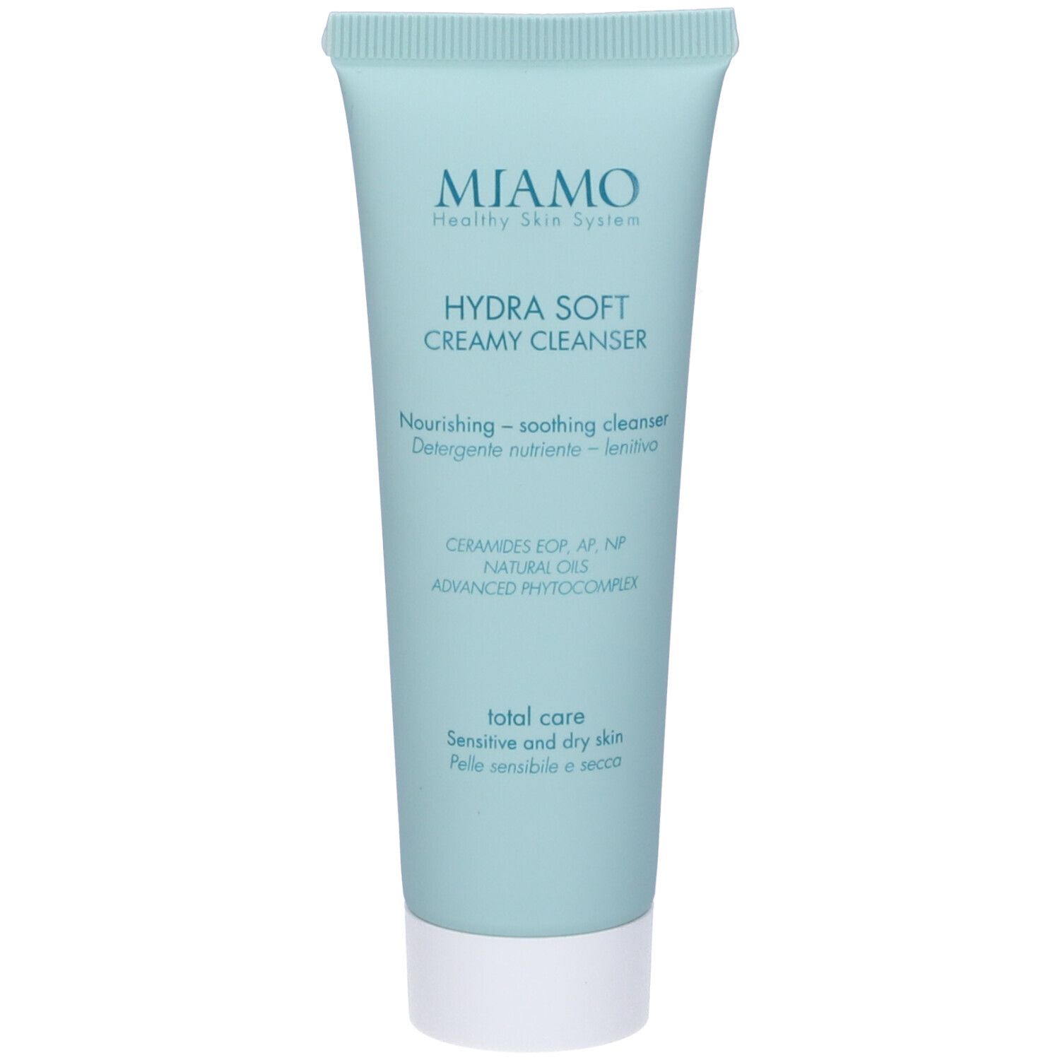 Tubo azzurro chiaro con tappo bianco. Scritta: Miamo, Hydra Soft Creamy Cleanser. Testo in inglese e italiano.