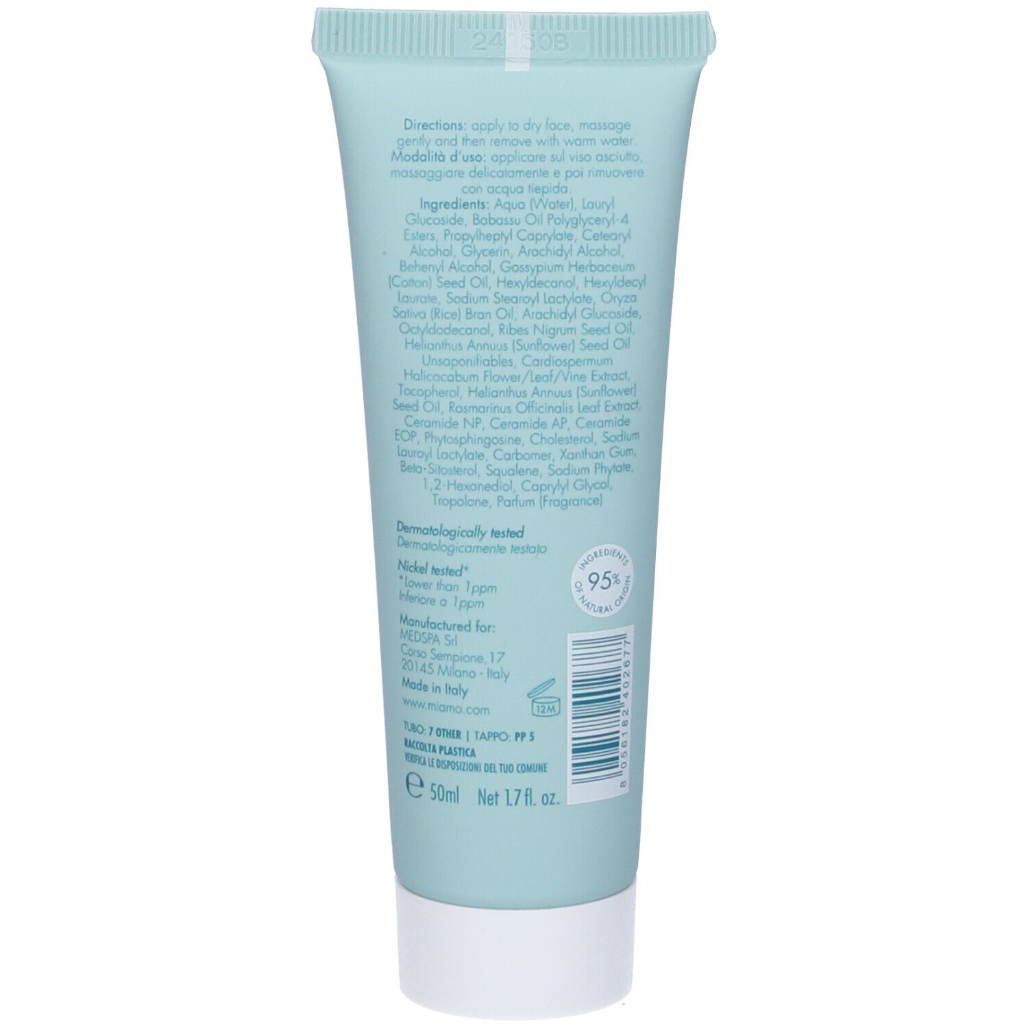 Retro del tubo azzurro chiaro. Contiene ingredienti, istruzioni e codice a barre. Volume: 50ml.