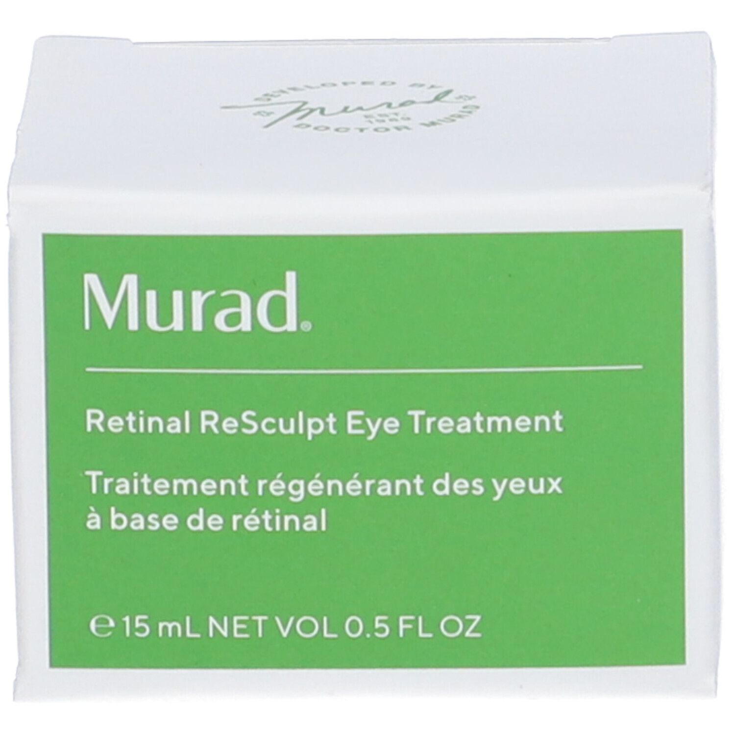 Scatola bianca con testo verde. Scritta: Murad Retinal Resculpt Eye Treatment.