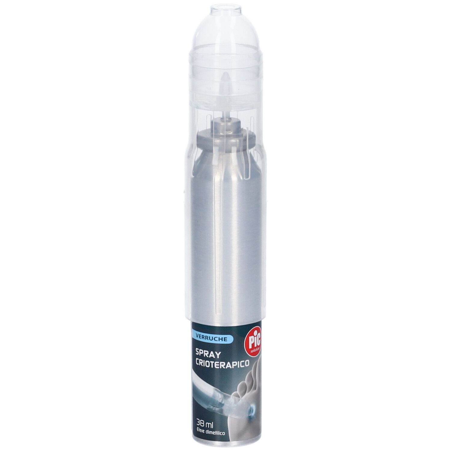 Flacone spray argento con tappo trasparente. Scritta: Spray Crioterapico, Pic. 38 ml.