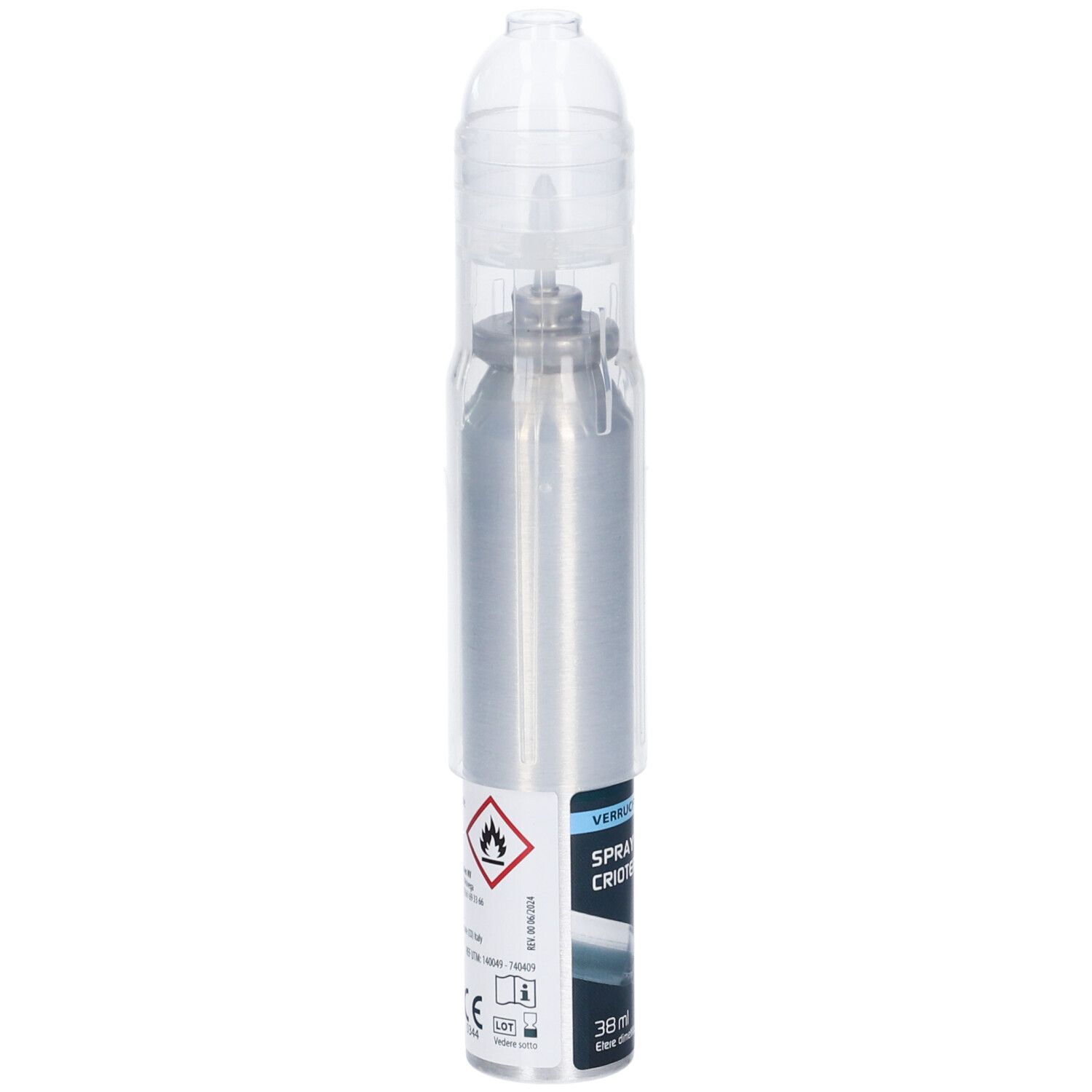 Flacone spray argento con tappo trasparente. Avvertenza. Scritta: Spray Crioterapico, Pic. 38 ml.