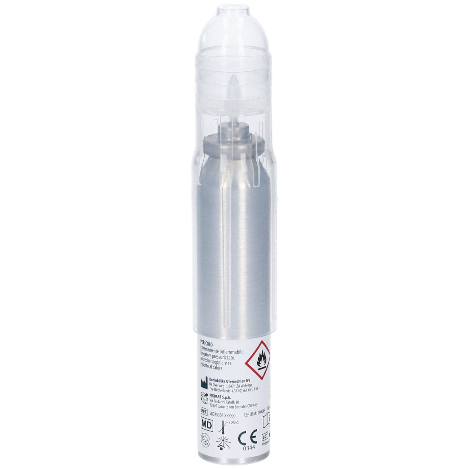 Flacone spray argento con tappo trasparente. Scritta: Spray Crioterapico, Pic. Avvertenza. Marchio CE.