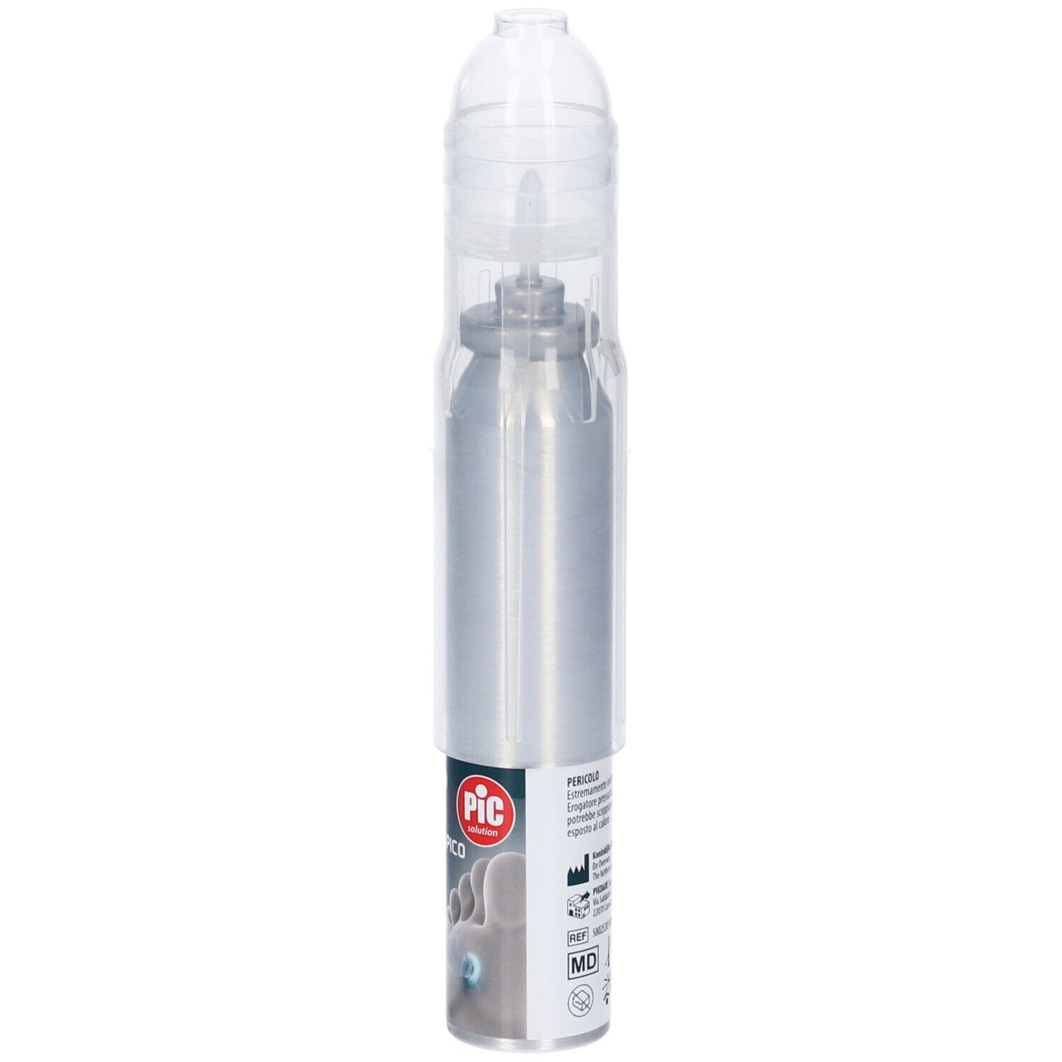 Flacone spray argento con tappo trasparente. Scritta: Spray Crioterapico, Pic. Marchio MD. Avvertenza.