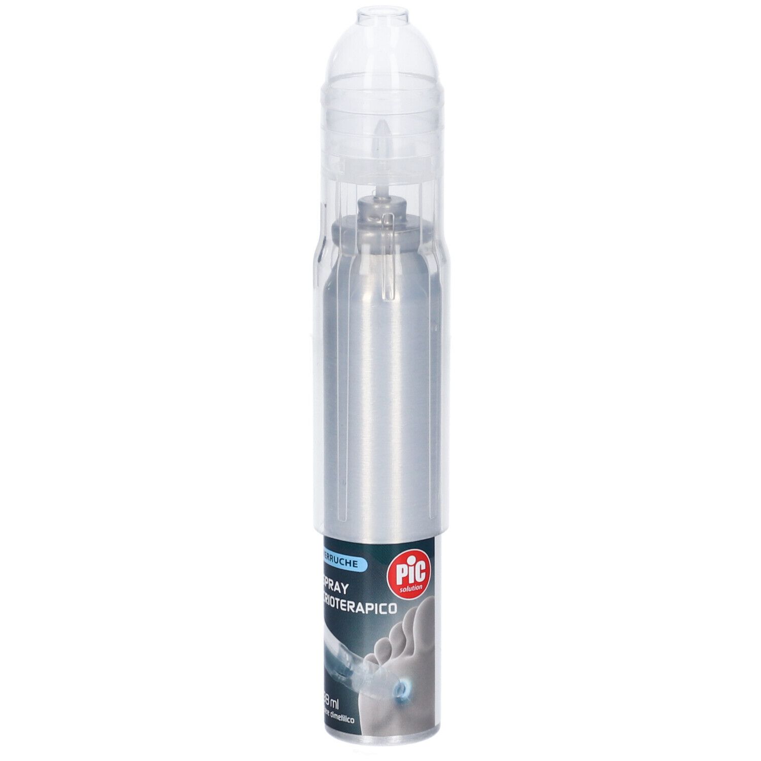 Flacone spray argento con tappo trasparente. Scritta: Spray Crioterapico, Pic. 38 ml. Illustrazione del piede.