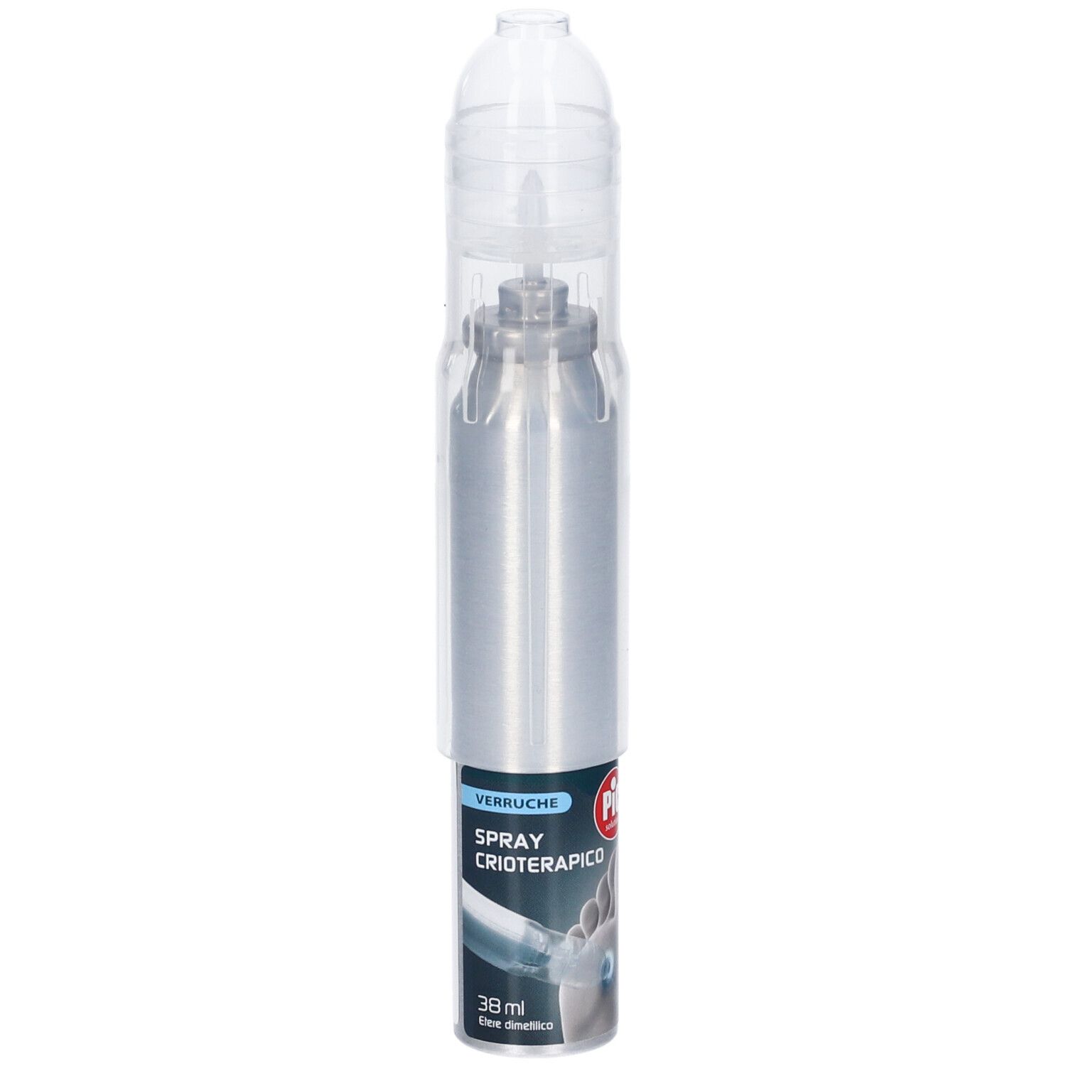 Flacone spray argento con tappo trasparente. Scritta: Spray Crioterapico, Pic. 38 ml. Illustrazione del piede.