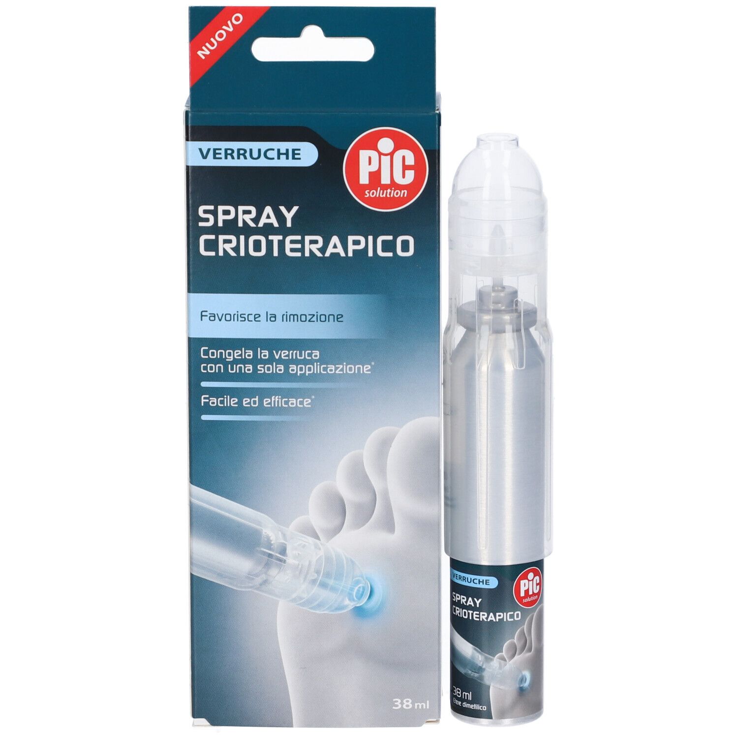 Confezione del prodotto con flacone spray. Scritta: Spray Crioterapico, Pic. Illustrazione piede. 38 ml. Etichetta Nuovo.