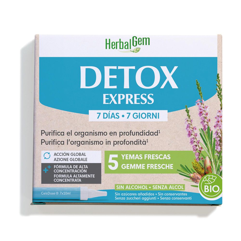 Scatola HerbalGem Detox Express. Contiene 7 fiale. Testo: 7 giorni, 7 giorni, Detox, 5 Yemas Frescas, Bio.