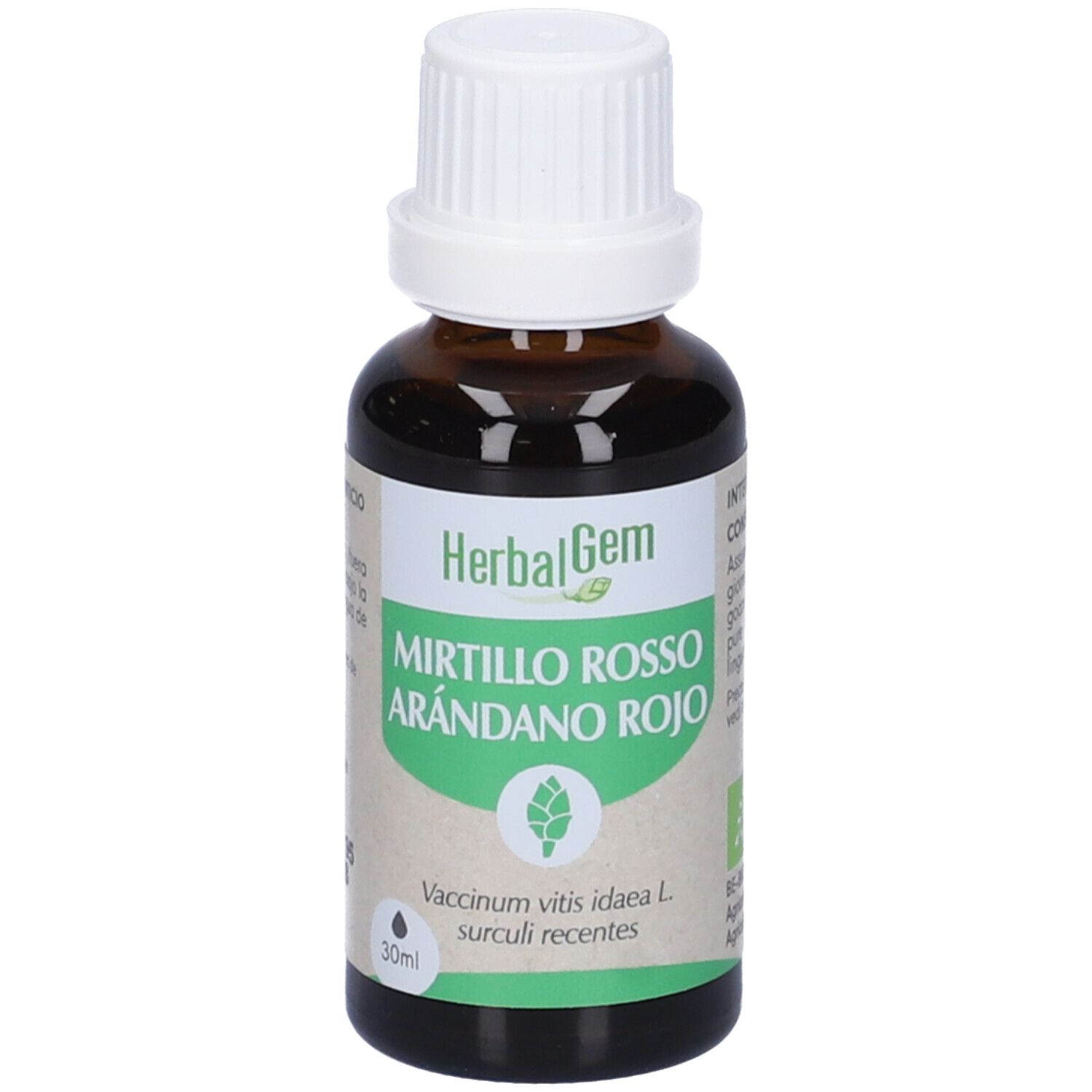 Flacone di vetro marrone, tappo bianco. Etichetta: HerbalGem, Mirtillo Rosso, Arándano Rojo. 30ml. Certificazione Bio.