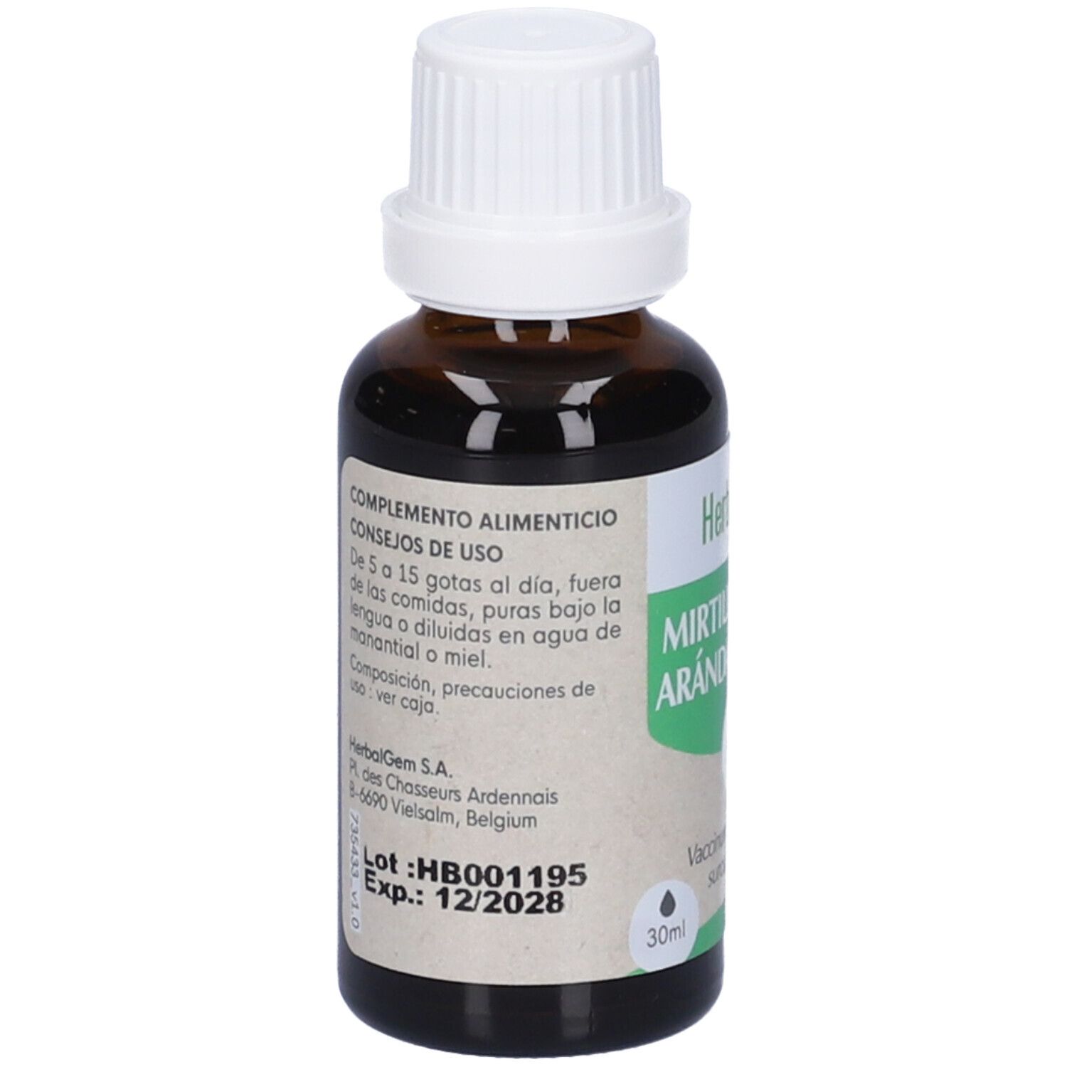 Flacone di vetro marrone, tappo bianco. Etichetta: HerbalGem, Mirtillo Rosso, Arándano Rojo. 30ml. Certificazione Bio.