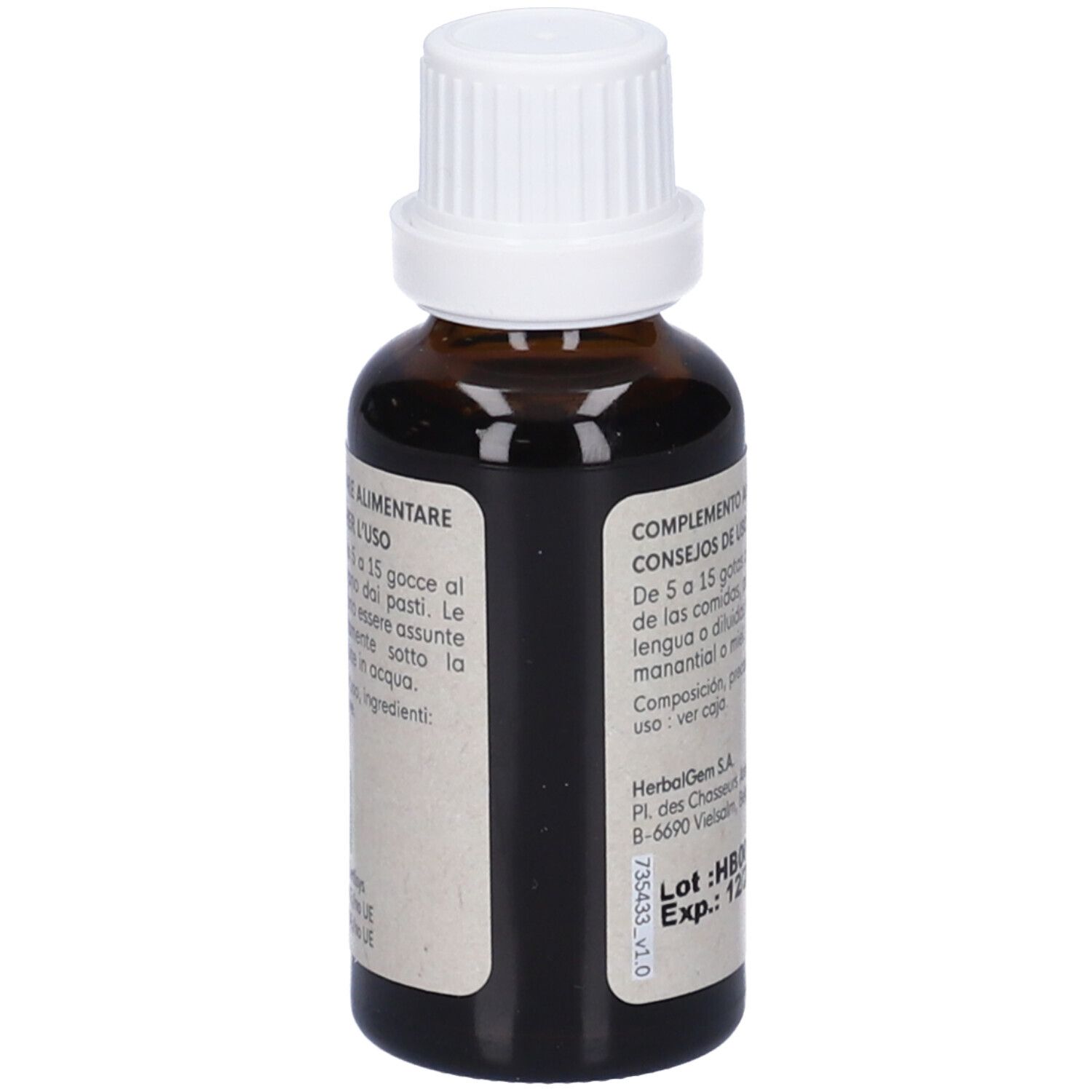Flacone di vetro marrone, tappo bianco. Etichetta: HerbalGem, Mirtillo Rosso, Arándano Rojo. 30ml. Certificazione Bio.