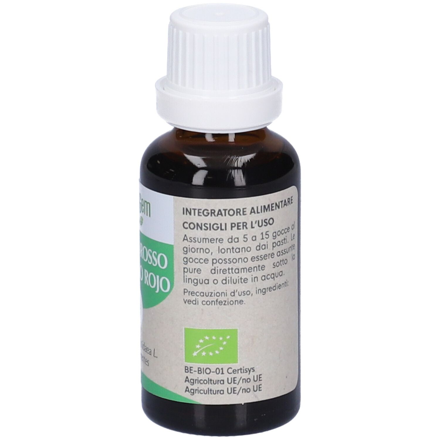 Flacone di vetro marrone, tappo bianco. Etichetta: HerbalGem, Mirtillo Rosso, Arándano Rojo. 30ml. Certificazione Bio.