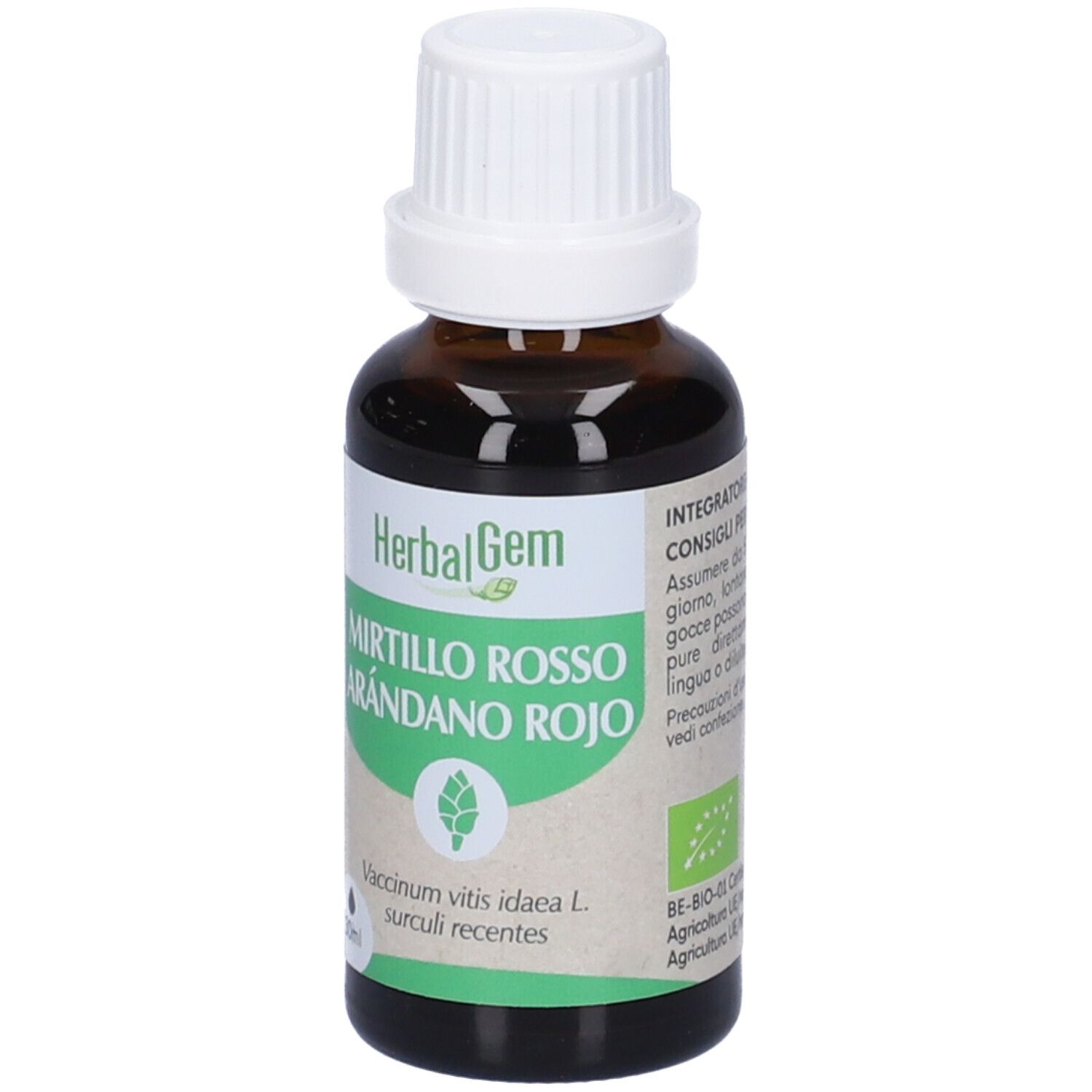 Flacone di vetro marrone, tappo bianco. Etichetta: HerbalGem, Mirtillo Rosso, Arándano Rojo. 30ml. Certificazione Bio.