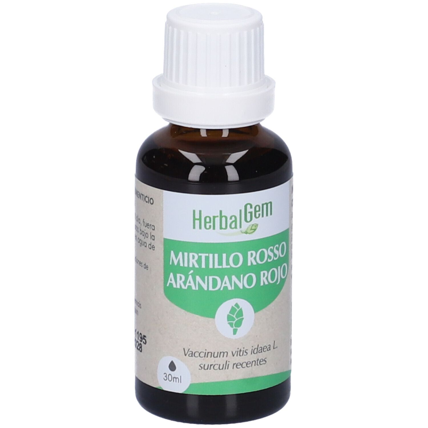 Flacone di vetro marrone, tappo bianco. Etichetta: HerbalGem, Mirtillo Rosso, Arándano Rojo. 30ml. Certificazione Bio.