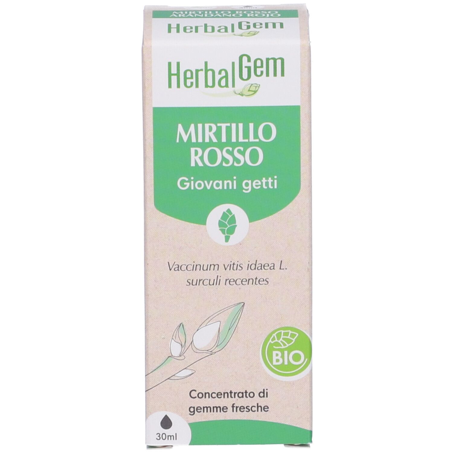 Scatola con scritto: HerbalGem, Mirtillo Rosso, Giovani getti. 30ml. Certificazione Bio.