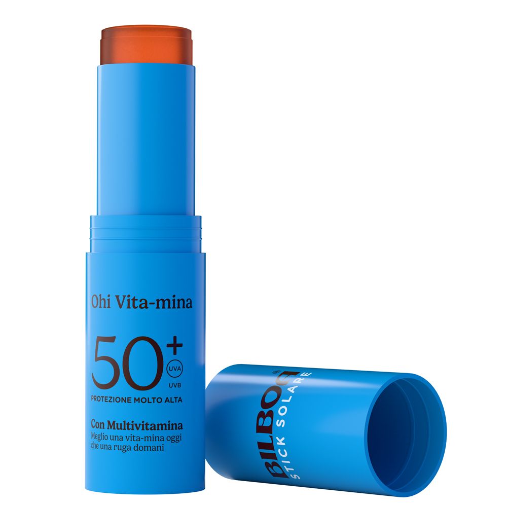Stick blu aperto. Contenuto arancione visibile. BILBOA STICK SOLARE. Ohi Vita-mina 50+.