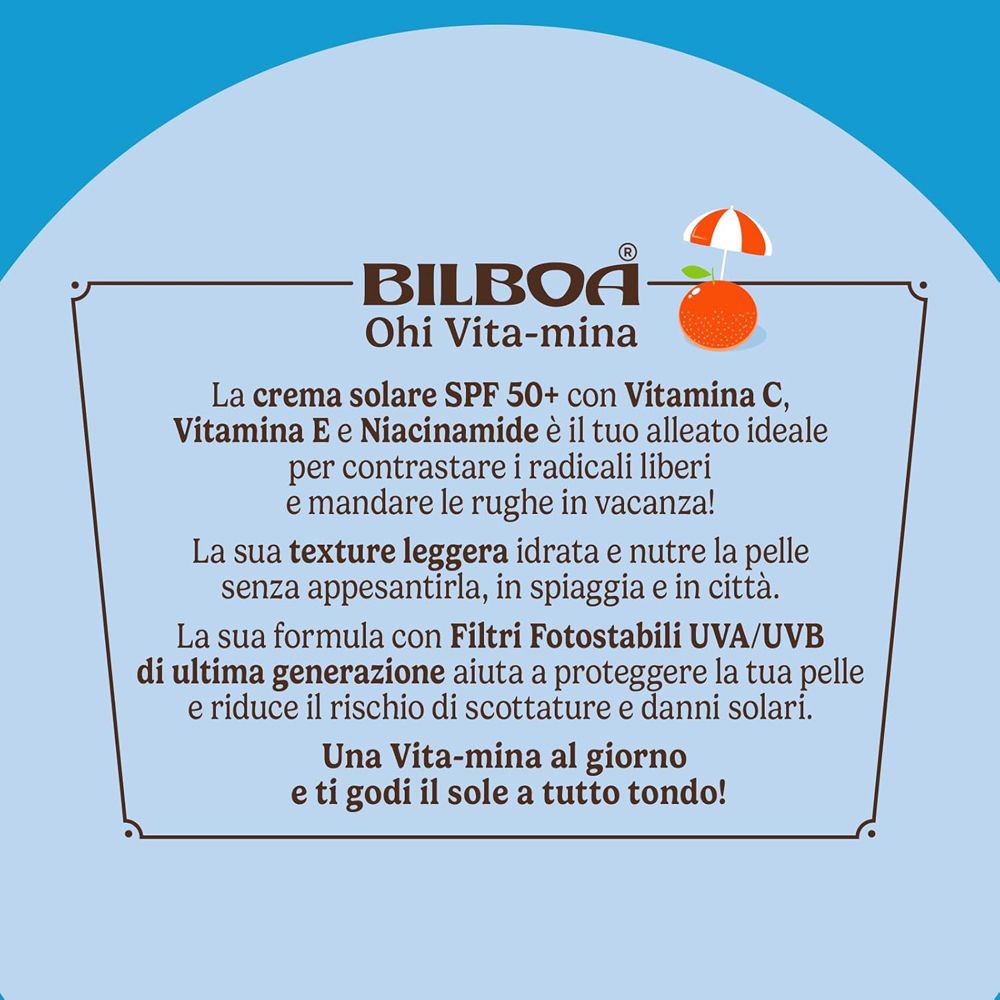 Testo su sfondo blu. BILBOA Ohi Vita-mina. Crema SPF 50+ con vitamine. Anti-età.