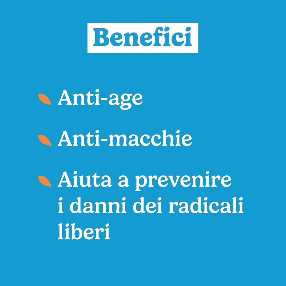 Testo su sfondo blu. Benefici: Anti-età, anti-macchie, protegge dai radicali.