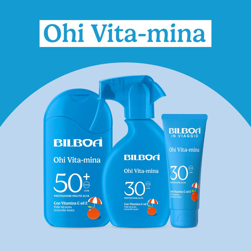 Tre prodotti blu. BILBOA Ohi Vita-mina. 50+, 30, e un prodotto più piccolo.