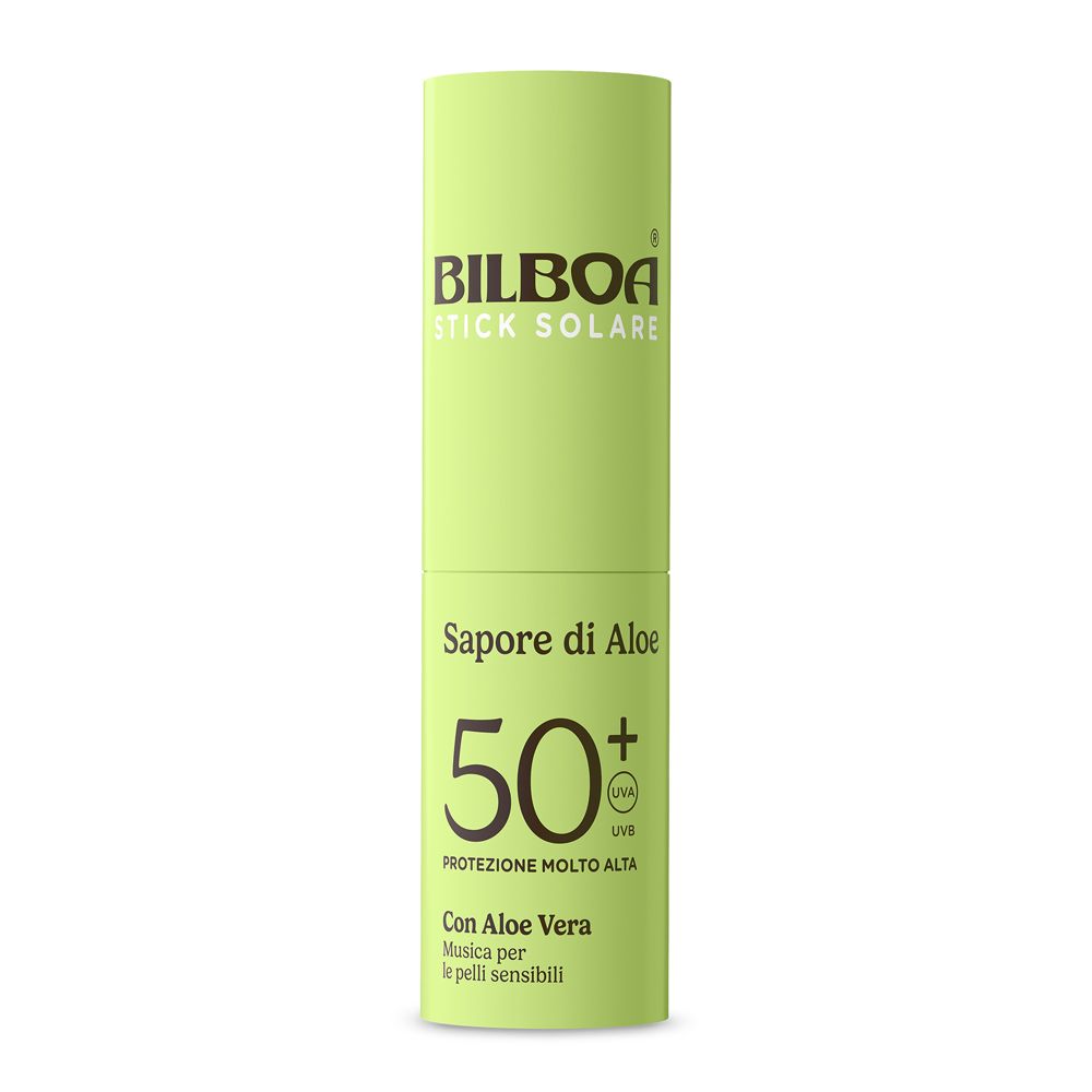 Stick solare verde. Testo: Bilboa, Sapore di Aloe, 50+, Aloe Vera. Per pelli sensibili.