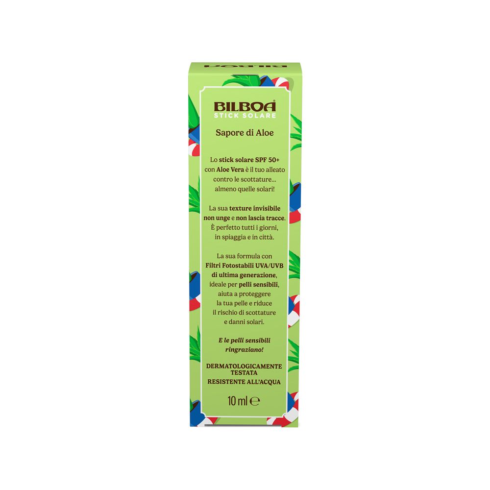 Confezione verde. Testo: Bilboa, Sapore di Aloe, 50+, Aloe Vera. Dermatologicamente testato. 10 ml.