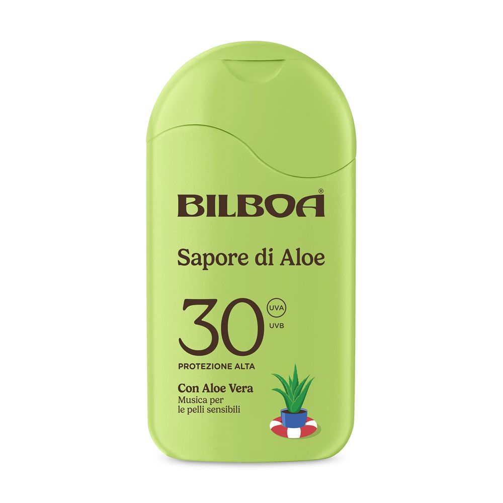 Flacone di crema solare verde. Scritta: Bilboa Sapore di Aloe, SPF 30, Aloe Vera. Pianta con salvagente.