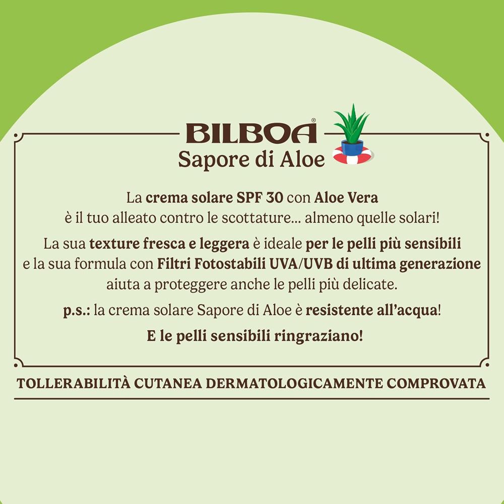 Tavola di testo: Crema solare SPF 30 con Aloe Vera. Dermatologicamente testato. Resistente all'acqua.