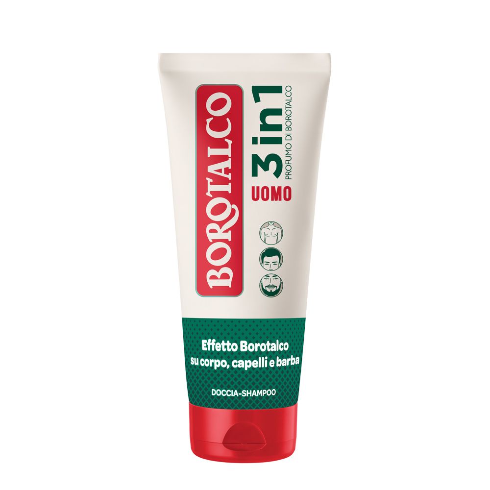 Tubo bianco-rosso. Testo: Borotalco, 3in1 Uomo. Per corpo, capelli e barba. Sfondo verde-bianco. Chiusura rossa.