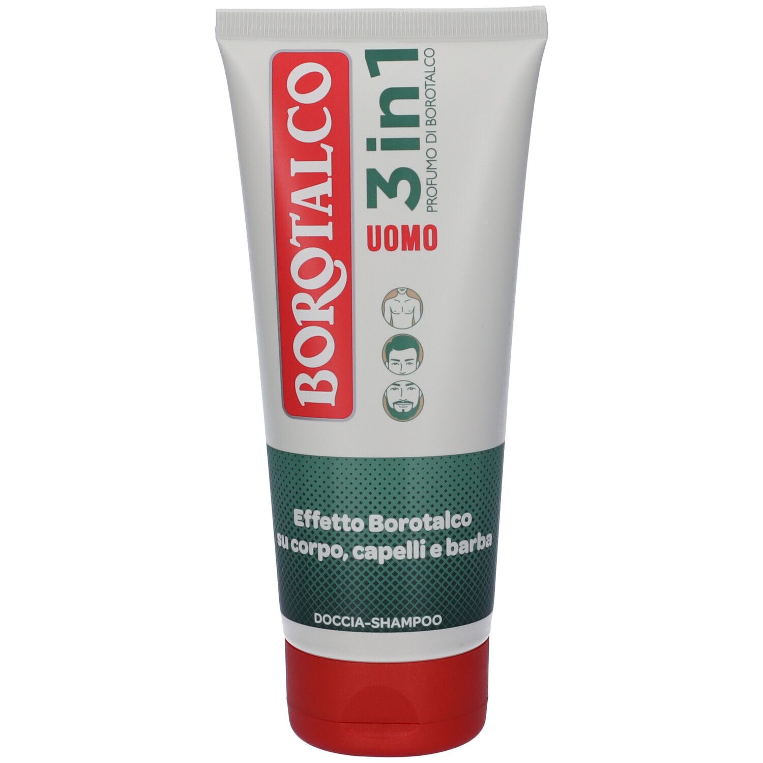 Tubo bianco-rosso. Testo: Borotalco, 3in1 Uomo. Per corpo, capelli e barba. Sfondo verde-bianco. Chiusura rossa.