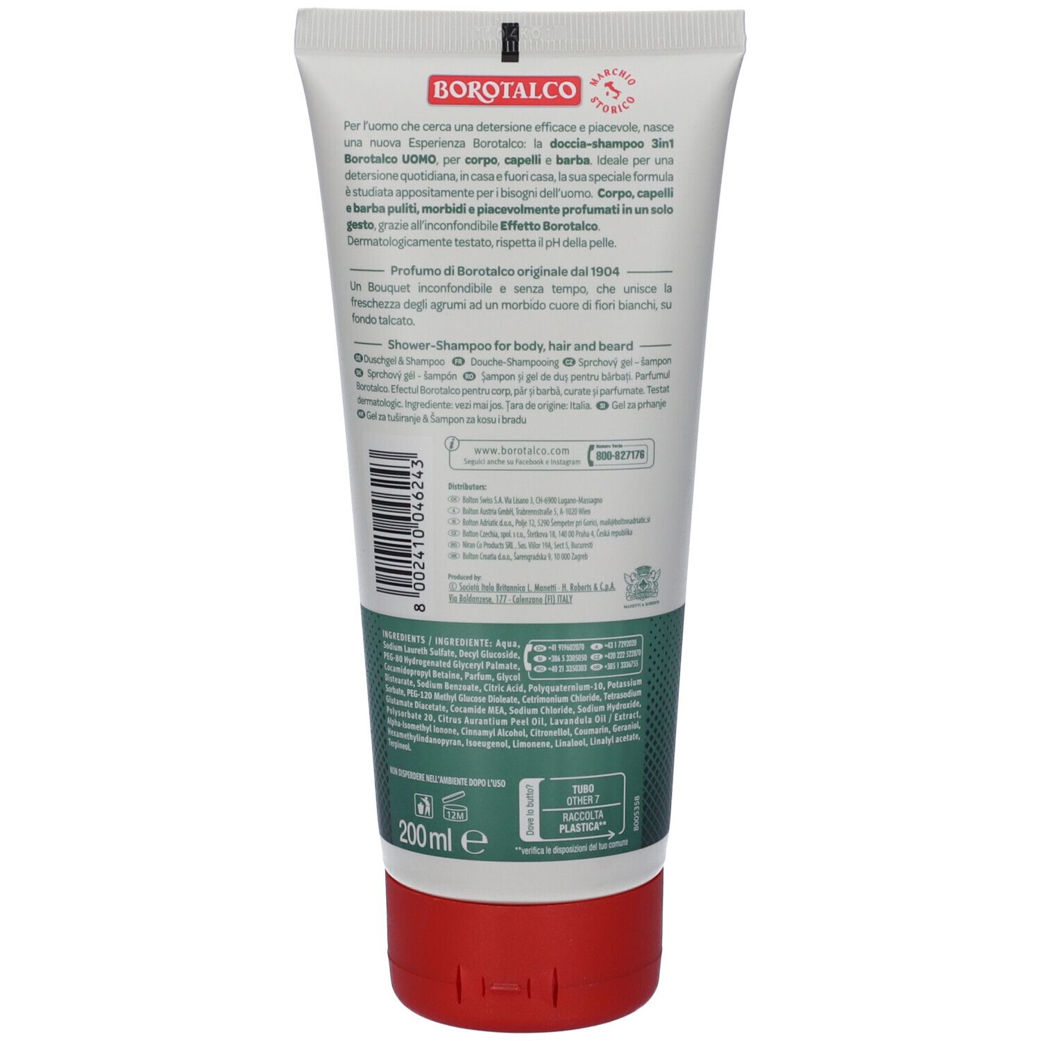 Retro di un tubo. Testo: Borotalco, 3in1 Uomo. Ingredienti, istruzioni per l'uso. Striscia verde. Chiusura rossa. 200ml.