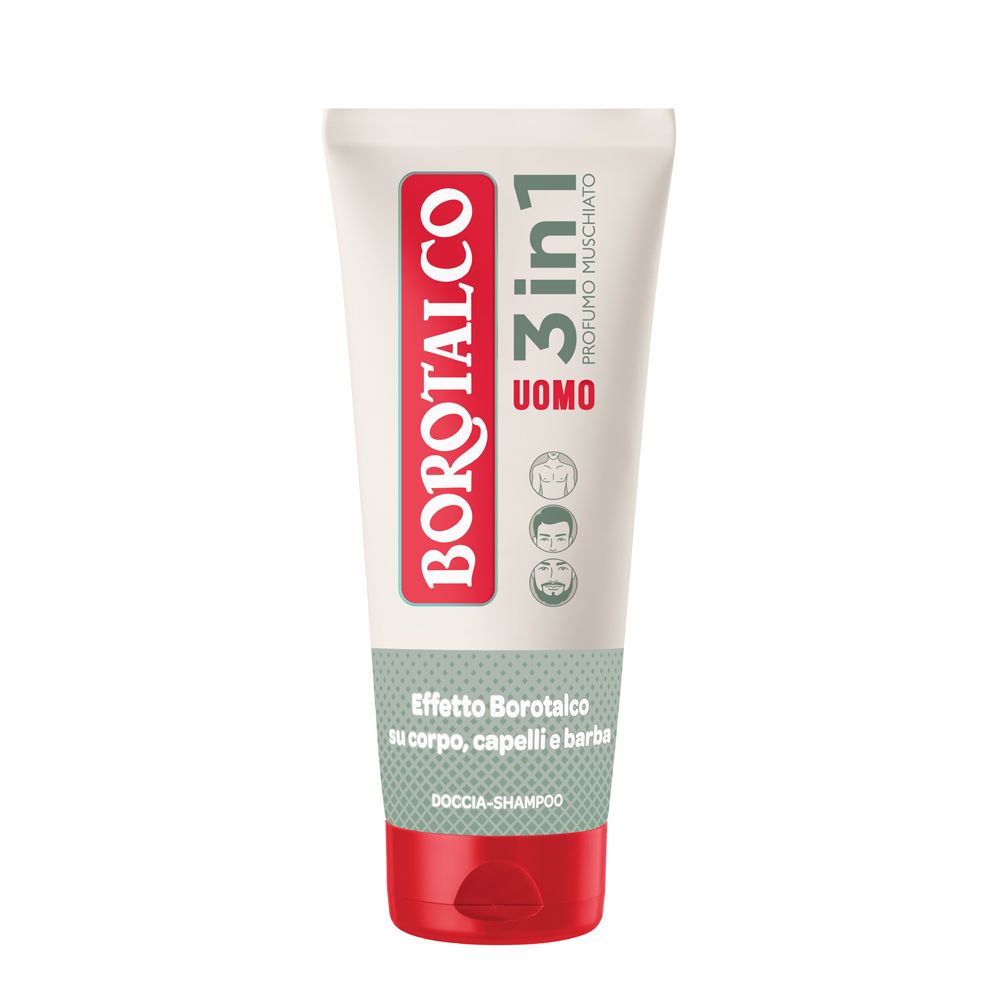 Tubo di doccia-shampoo Borotalco 3in1 Uomo. Tappo rosso. Scritta: "Effetto Borotalco".
