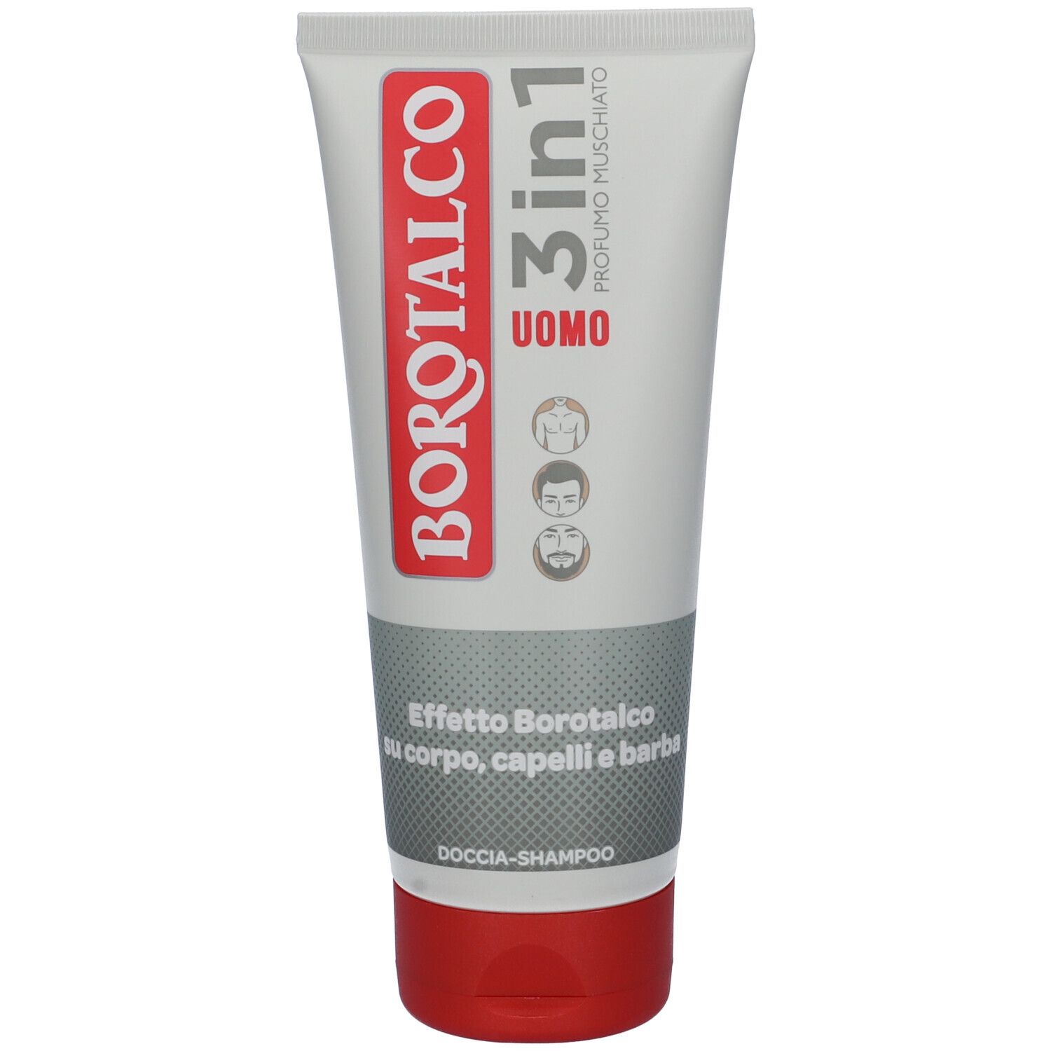 Tubo di doccia-shampoo Borotalco 3in1 Uomo. Tappo rosso. Scritta: "Effetto Borotalco".