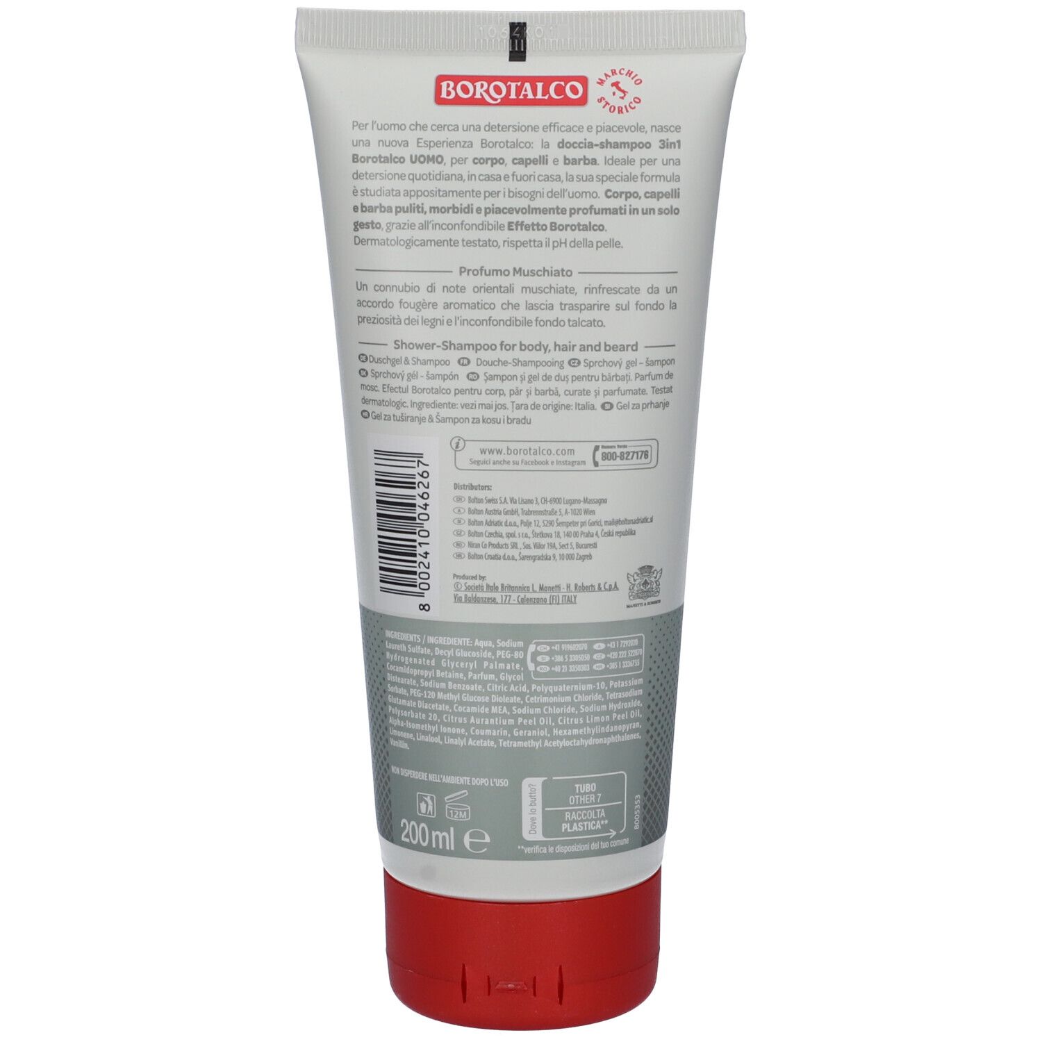 Retro di un tubo di doccia-shampoo Borotalco 3in1 Uomo. Testo e ingredienti. Tappo rosso.