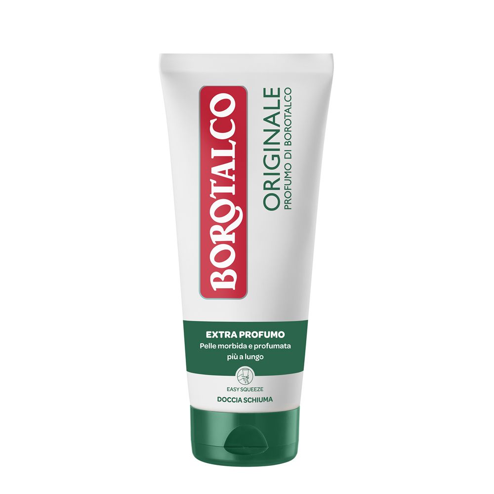 Tubo bianco e verde con logo Borotalco rosso. Testo: Originale, Extra profumo, Doccia schiuma. Tappo verde.