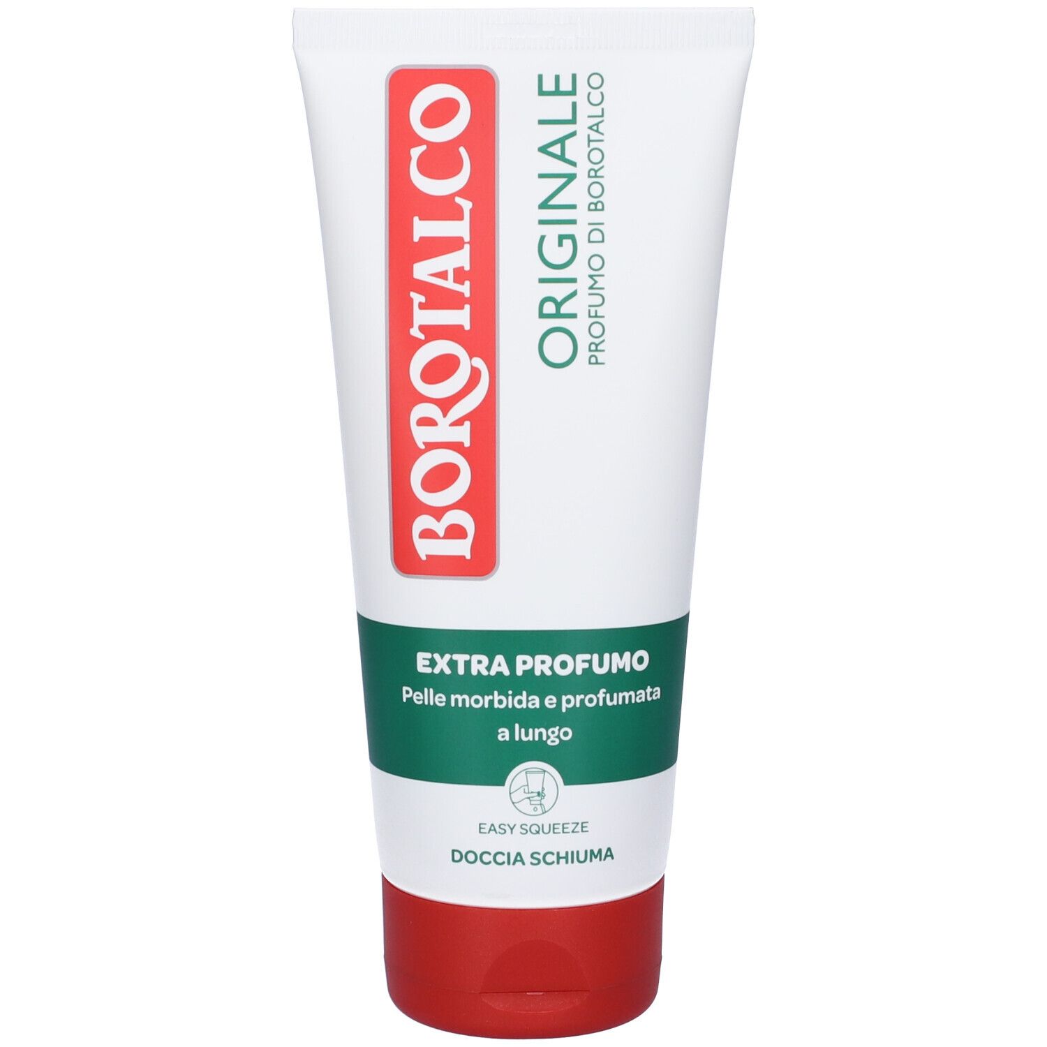 Tubo bianco e verde con logo Borotalco rosso. Testo: Originale, Extra profumo, Doccia schiuma. Tappo rosso.