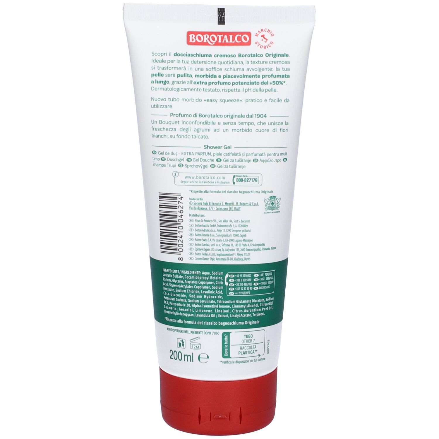 Retro di un tubo bianco con design verde e rosso. Testo: Borotalco, ingredienti, 200 ml, gel doccia.