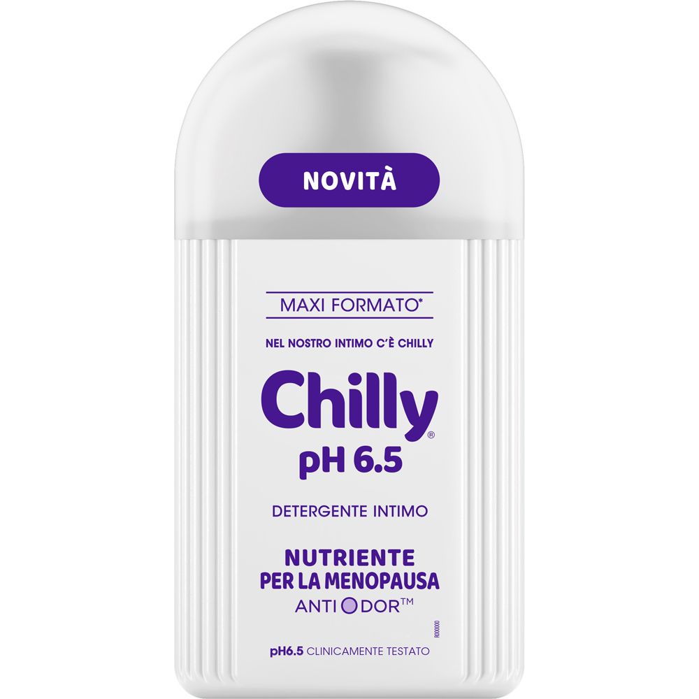 Dispenser bianco con dettagli viola. Testo: Chilly pH 6.5, Detergente Intimo, Nutriente per la Menopausa, Anti Odor.
