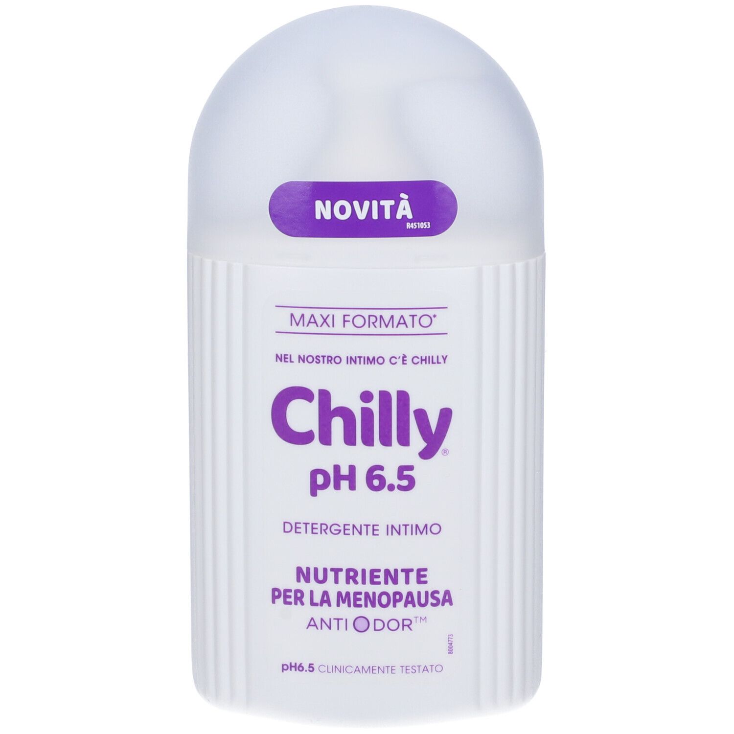 Dispenser bianco con dettagli viola. Testo: Chilly pH 6.5, Detergente Intimo, Nutriente per la Menopausa, Anti Odor.