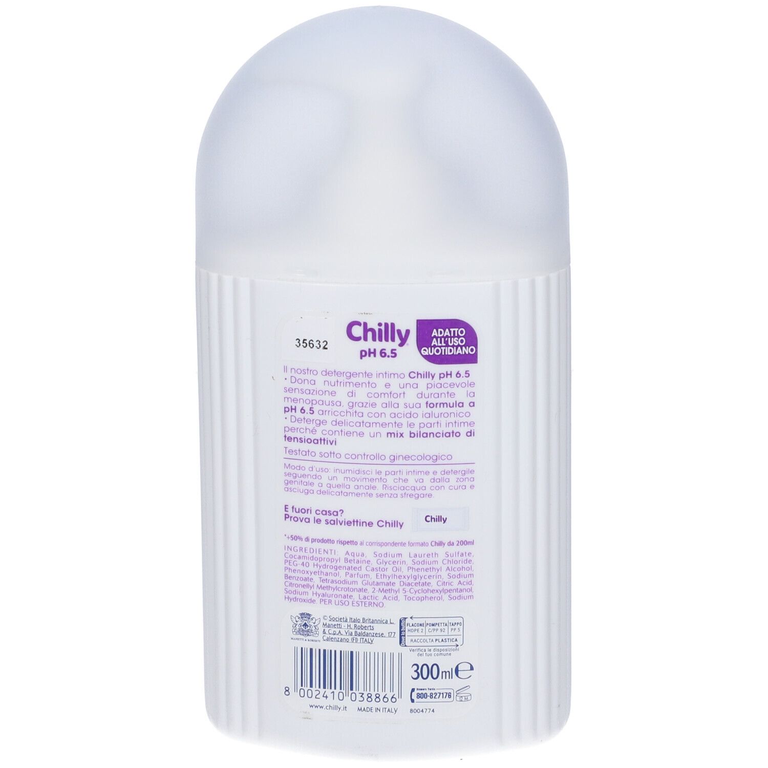 Retro del dispenser bianco. Testo: Chilly pH 6.5, ingredienti, istruzioni per l'uso.
