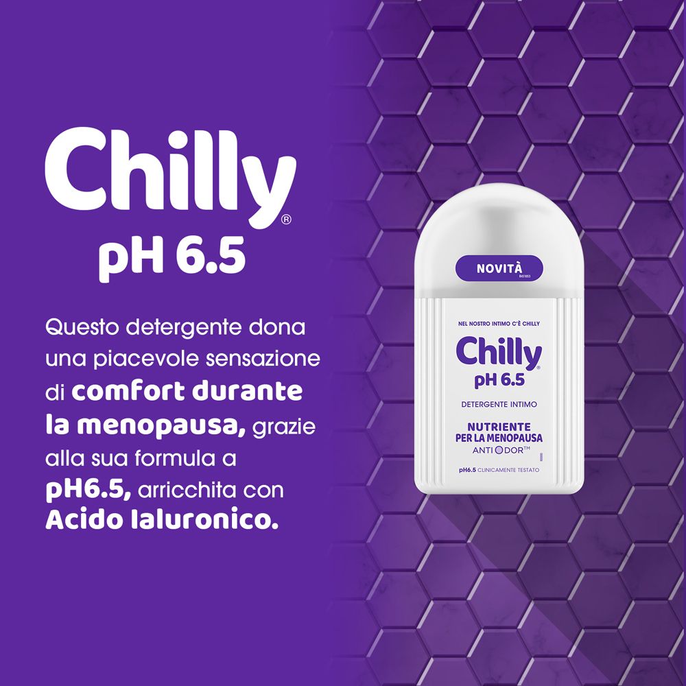 Sfondo viola con prodotto e testo: Chilly pH 6.5. Descrizione del prodotto e dei suoi benefici.