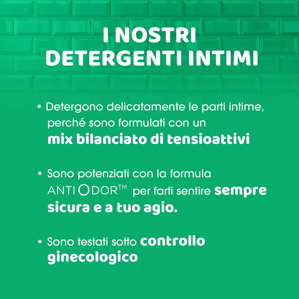Sfondo verde con testo: I NOSTRI DETERGENTI INTIMI. Descrizione e vantaggi del prodotto.