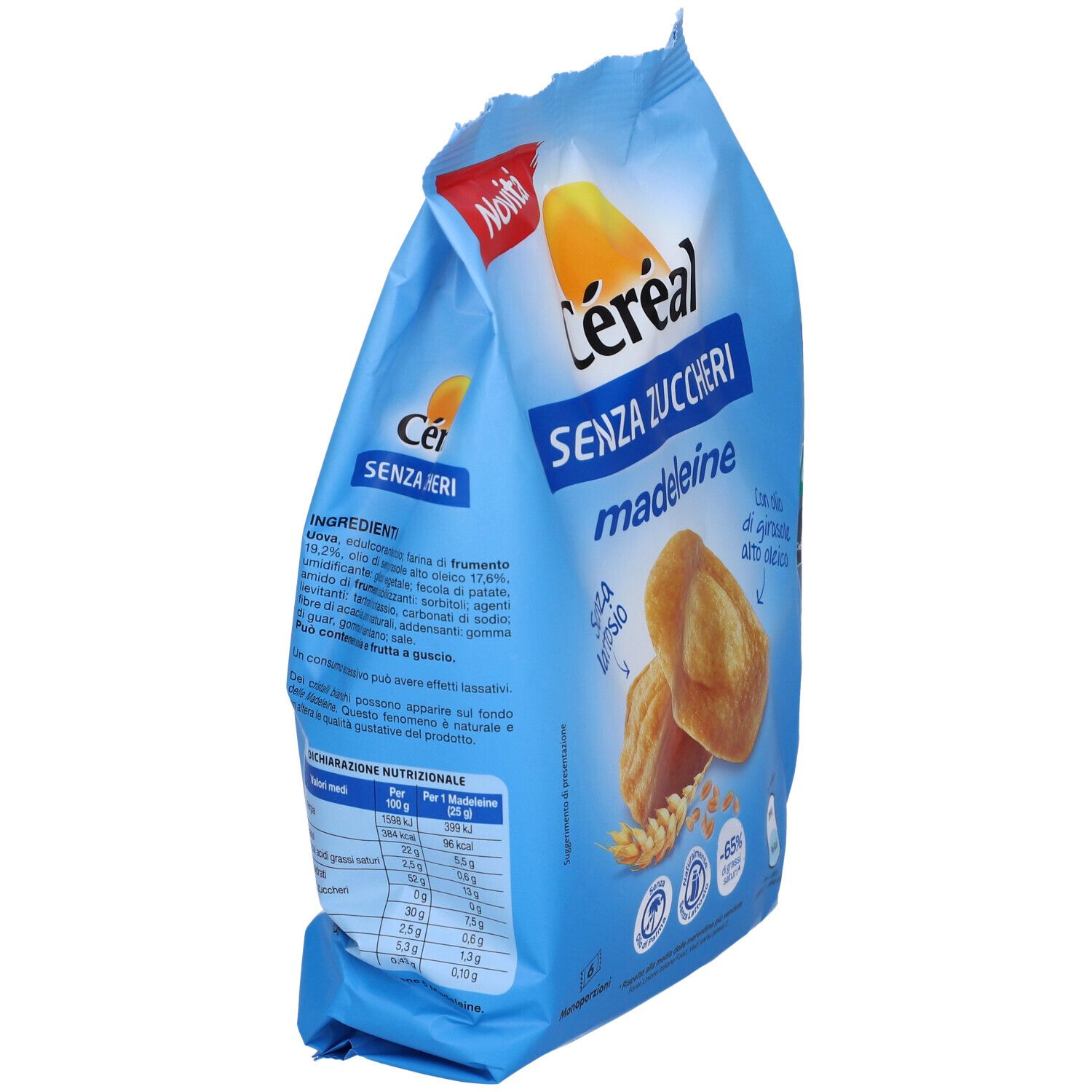 Confezione blu di madeleine Céréal Senza Zuccheri. Ingredienti e informazioni nutrizionali visibili. Scritta: Novità.
