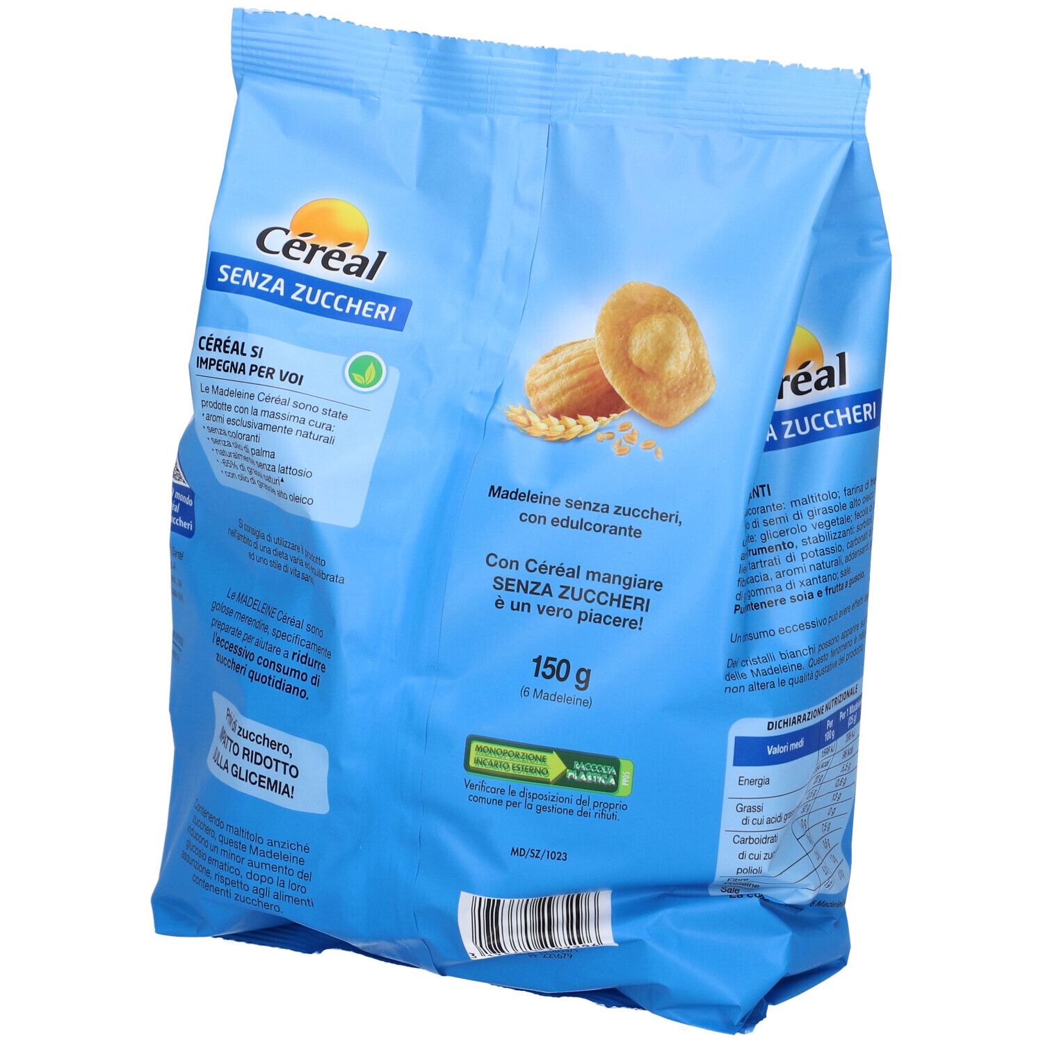 Retro della confezione blu di madeleine Céréal Senza Zuccheri. Scritta: 150g. Madeleine senza zucchero, con edulcorante.